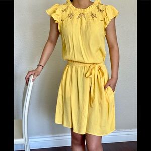 Loft- Yellow Eyelet Belted Flutter Shift Dress S